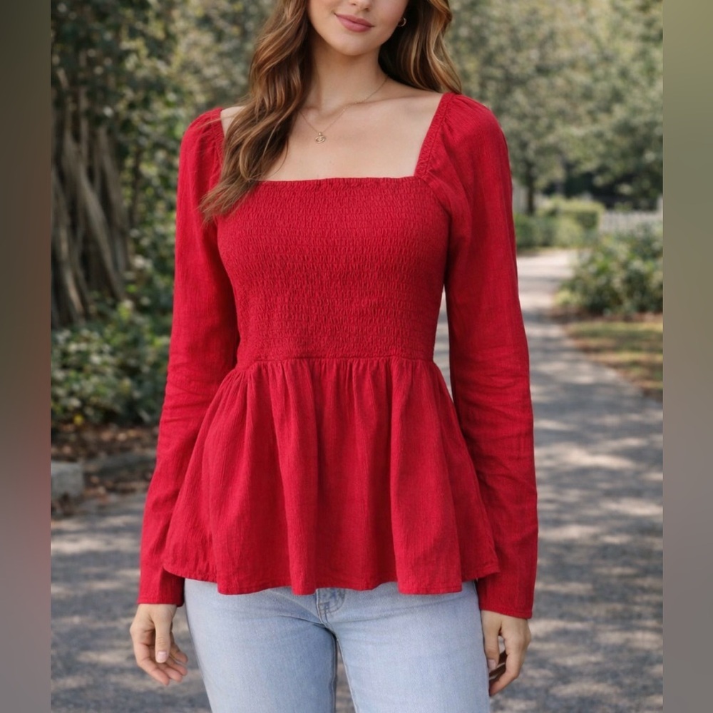 Old Navy Smocked Crepe Red Long Sleeve Top Women's Size Large